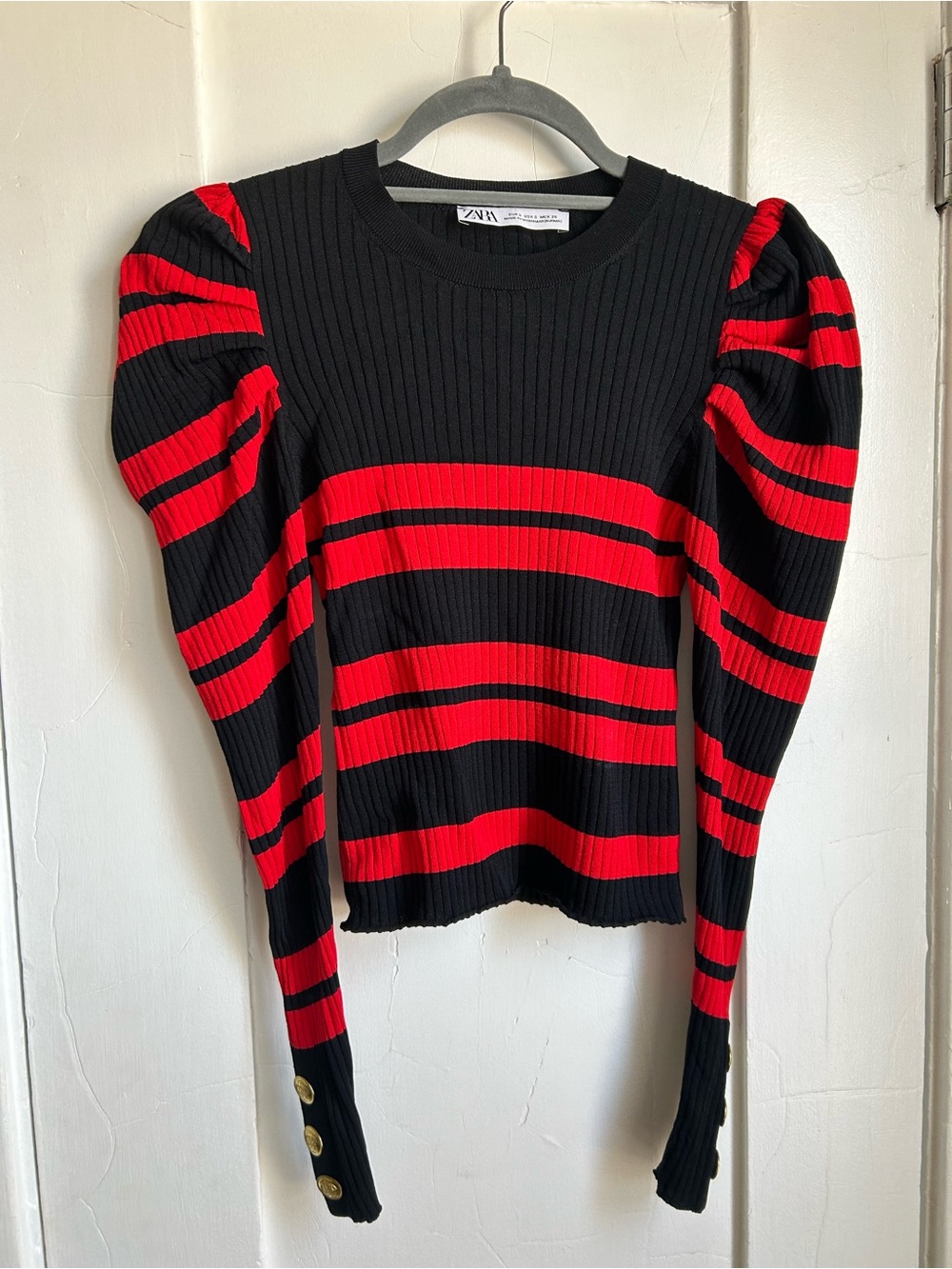 Zara Red and Black Striped Puff Sleeve Sweater (am)